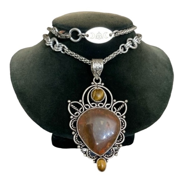 925 sterling silver overlay charm red jasper & golden brown tiger eye necklace - Picture 3 of 16